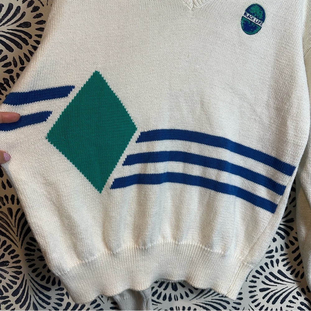 Vintage IZOD Club Black Lake Golf V Neck Stripe Diamond Sweater FLAWED R… - Picture 3 of 14